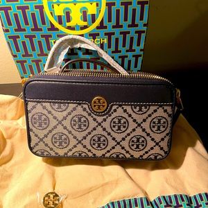 Tory Burch T Monogram Jacquard Double-Zip Mini Bag in Tory Navy
